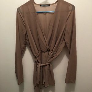 Naked Wardrobe Tan Long Sleeve Blouse with tie